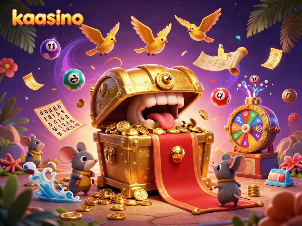 Kaasino offers thrilling gaming adventures with a treasure chest lure and vibrant lottery balls.