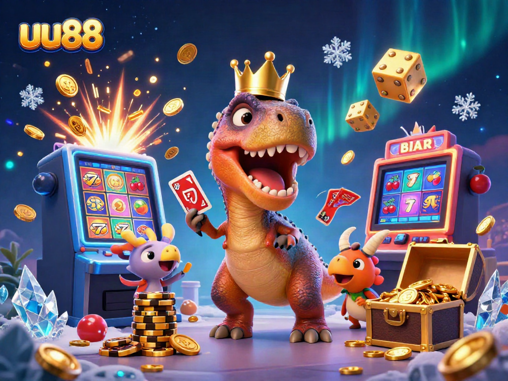 uu88 jackpot experience with cartoon dinosaurs shuffling cards and stacking chips in a vibrant casino scene.