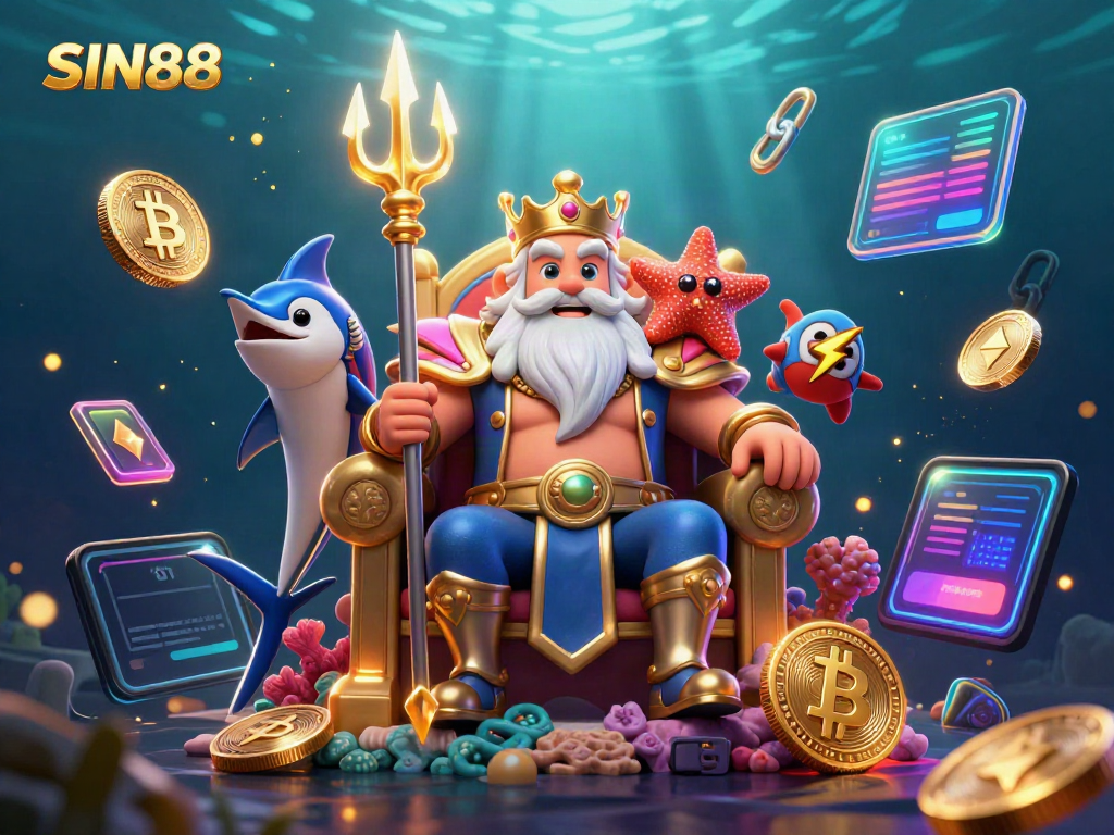 SIN88 presents a vibrant underwater casino scene featuring Neptune surrounded by crypto coins and gaming elements.