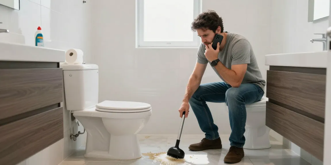 Verstopte wc in moderne badkamer met eigenaar die naar loodgieter belt