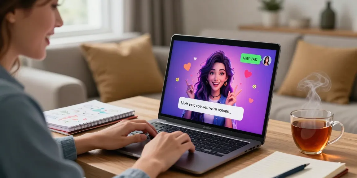 User interacting with vibrant ai nsfw chat on laptop, showcasing personalized character visuals and cozy room ambiance.