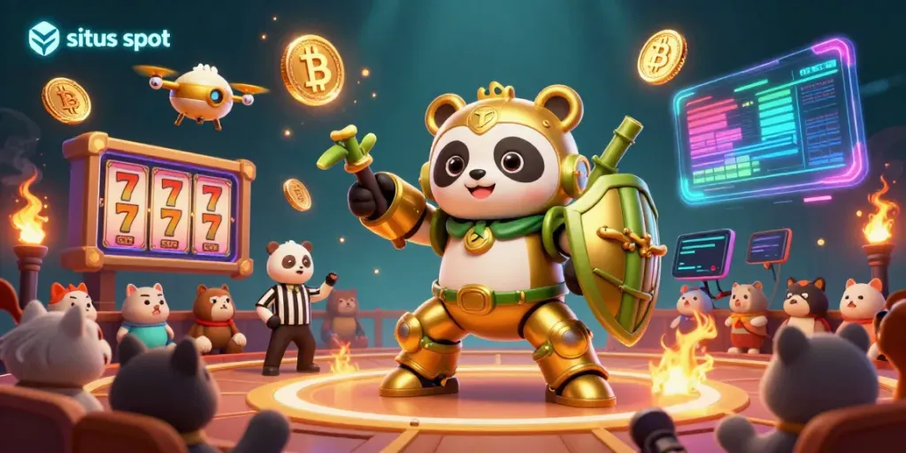 Experience thrilling adventures at situs slot with golden panda piloting a bamboo robot, showcasing vibrant game elements.