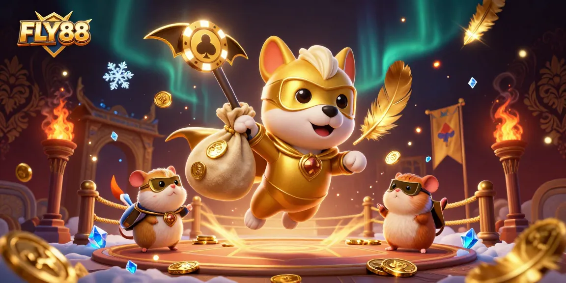 Engage in FLY88 adventures as the superhero dog and hamster explore a vibrant casino.