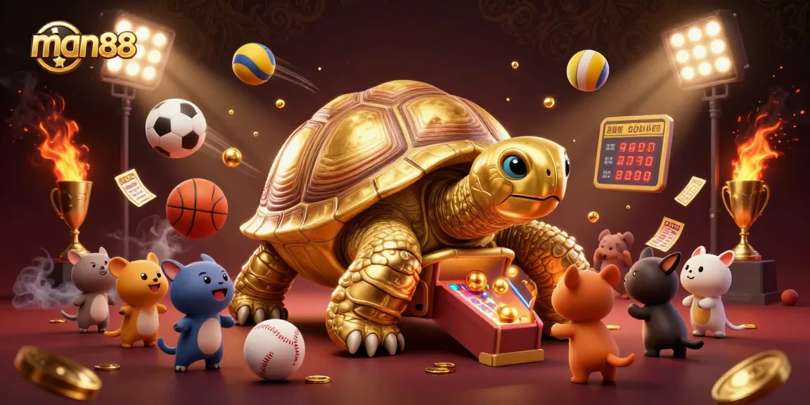 Experience man88’s exciting casino atmosphere in a vibrant 3D illustration featuring a tortoise pinball machine.