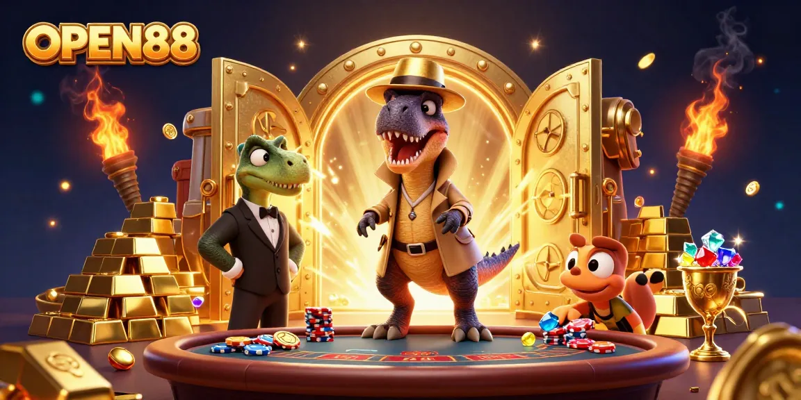 OPEN88 futuristic casino scene featuring a velociraptor and stegosaurus, packed with treasures.