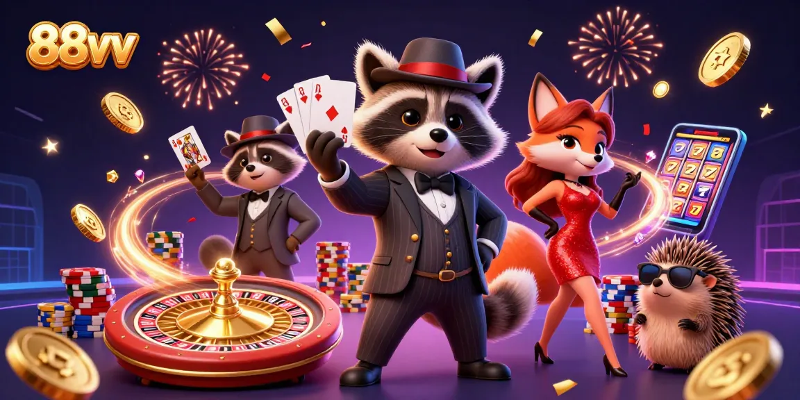 Experience thrilling gameplay at 88vv with a raccoon holding a royal flush surrounded by golden coins.