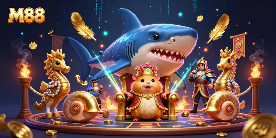 M88 Casino scene featuring the golden hamster king on a megalodon throne in a dynamic gambling arena