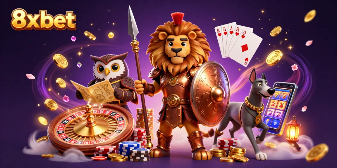 Experience thrilling gaming with 8x bet, featuring a heroic lion, wise owl, and swift greyhound surrounded by casino excitement.