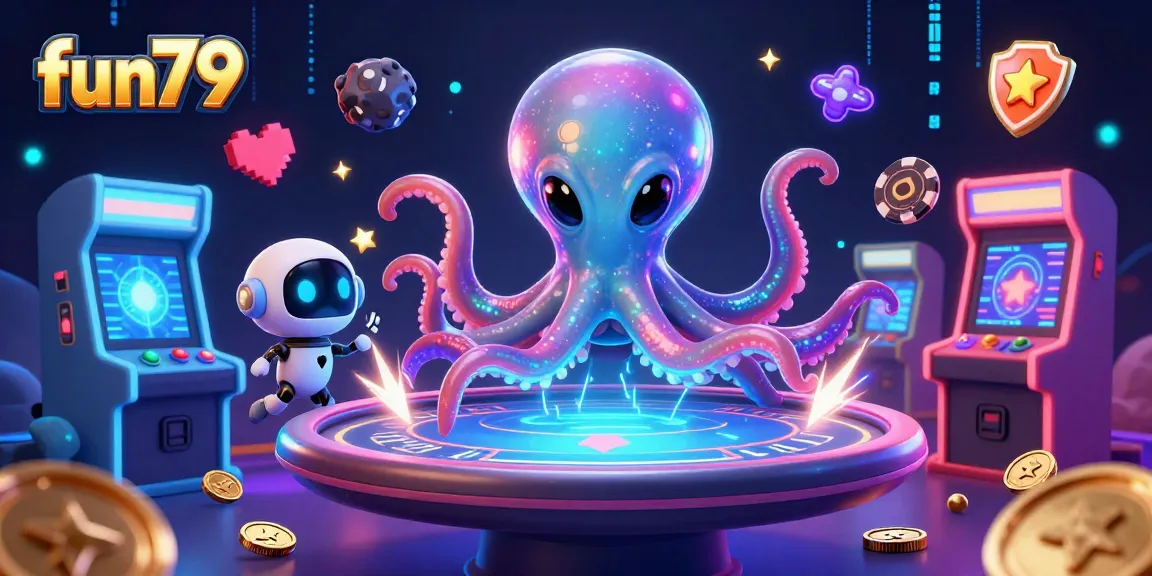 Engage with fun79's dynamic gaming scene featuring an alien octopus at a holographic poker table surrounded by lively game elements.
