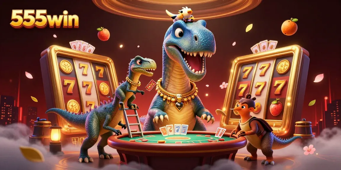 Engage with 555win's vibrant casino scene featuring a brontosaurus and raptor amidst dazzling slot game elements.