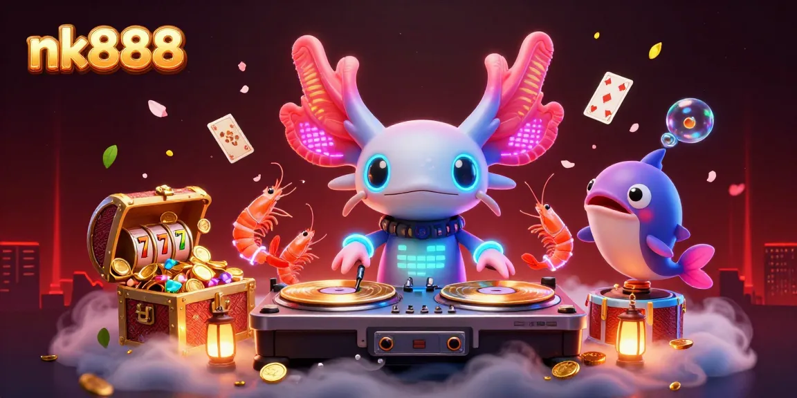 Experience the vibrant excitement at nk888 with a lively axolotl DJ, surrounded by colorful slot reels and gold treasures.
