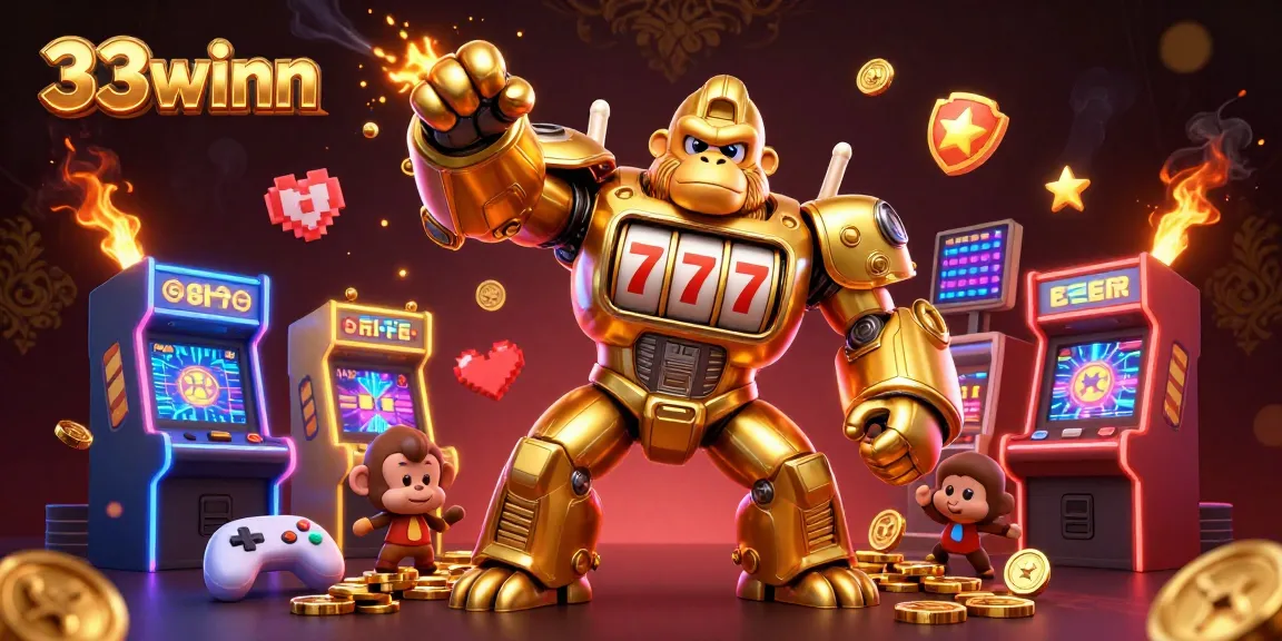 Experience the excitement of 33winn gaming with a golden gorilla mech and vibrant casino elements.