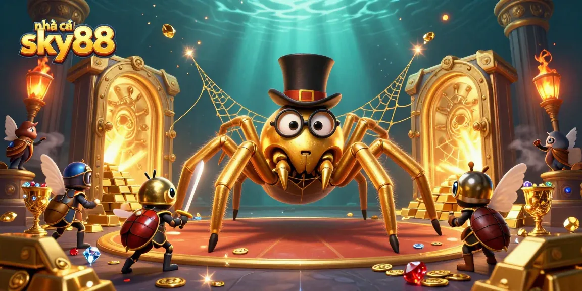 Experience the thrilling world at nhà cái sky88 with golden treasures and a heroic beetle knight.