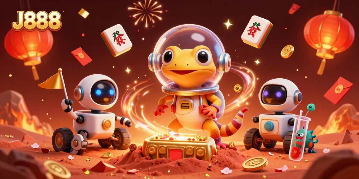 Experience the thrilling J888 casino adventure with vibrant Martian gecko characters and dynamic gambling symbols.