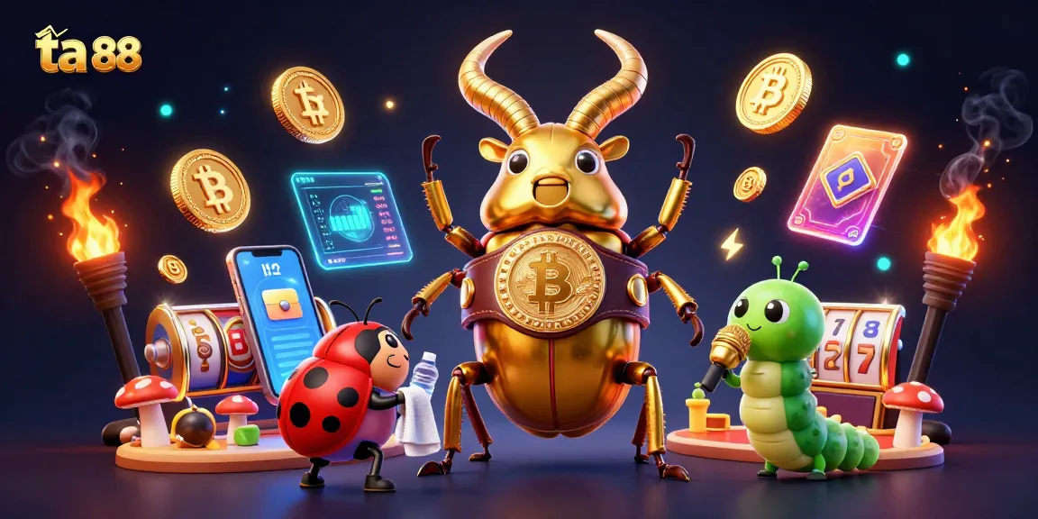Engage with ta 88 as a golden stag beetle faces off with vibrant slot reels in a 3D casino scene.
