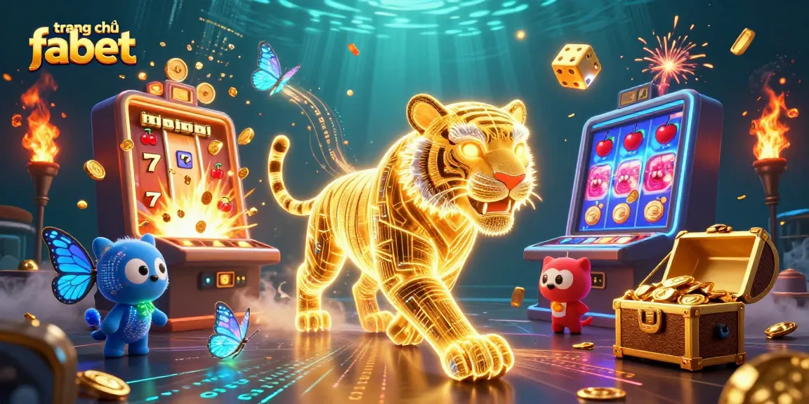 Experience the excitement at trang chủ fabet with a vibrant casino scene featuring a neon tiger and jackpot slots.