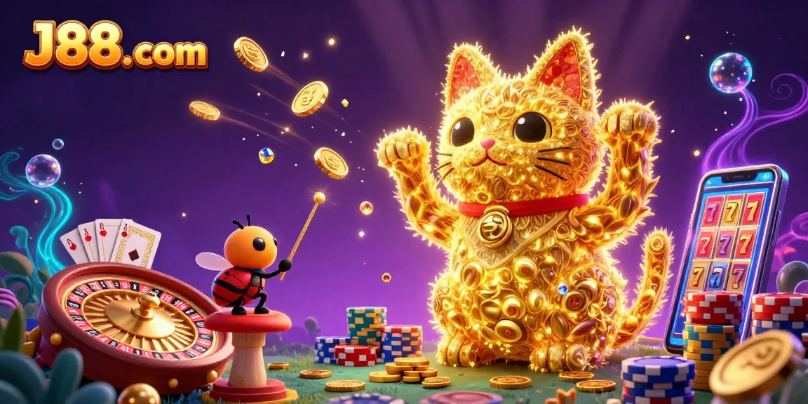 Experience the dynamic magic of J88. com with vibrant lucky symbols in a captivating casino scene.