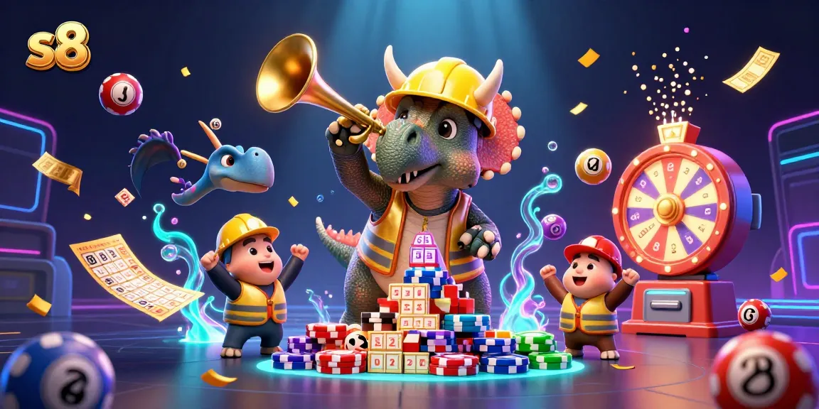 Experience the exciting world of S8 as lively cartoon characters celebrate with vibrant lottery elements and a dynamic backdrop.