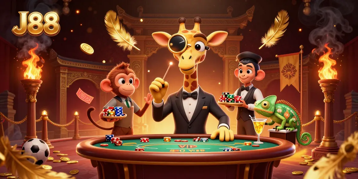 Engage in winning strategies at J88 with a high-roller giraffe and monkey valet in a vibrant casino scene.