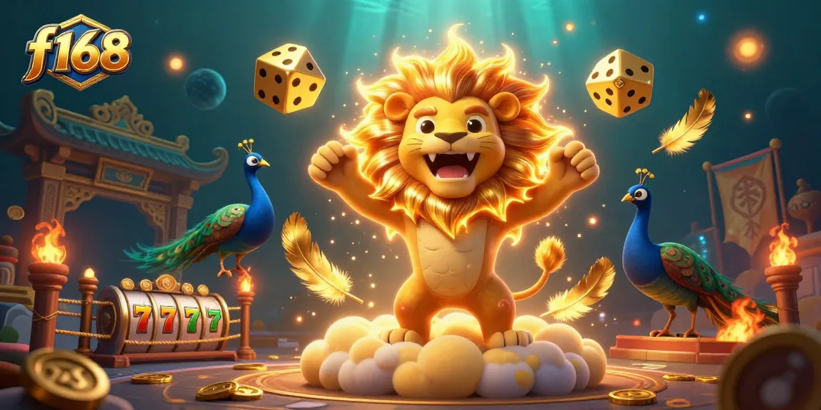 Engage in thrilling gaming with the f168 golden lion and dazzling casino elements in a vibrant scene.