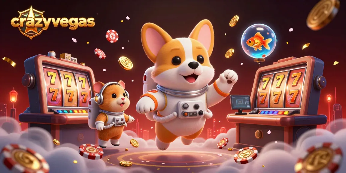 Spin on the jackpot with crazyvegas as a floating astronaut corgi plays slots in a vibrant casino